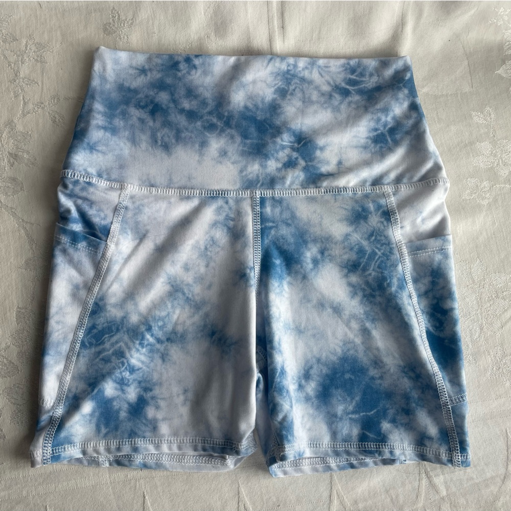 Evolution and Creation Biker Athletic Shorts Medium Blue Tie Dye Yoga Athleisure